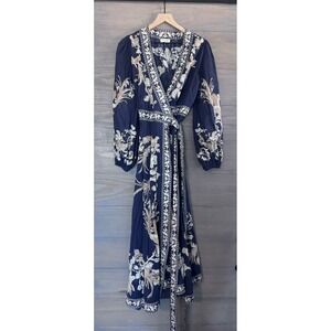 Talisman Navy Blue Floral Bird Print Wrap Maxi Dress Long Balloon Sleeve Small
